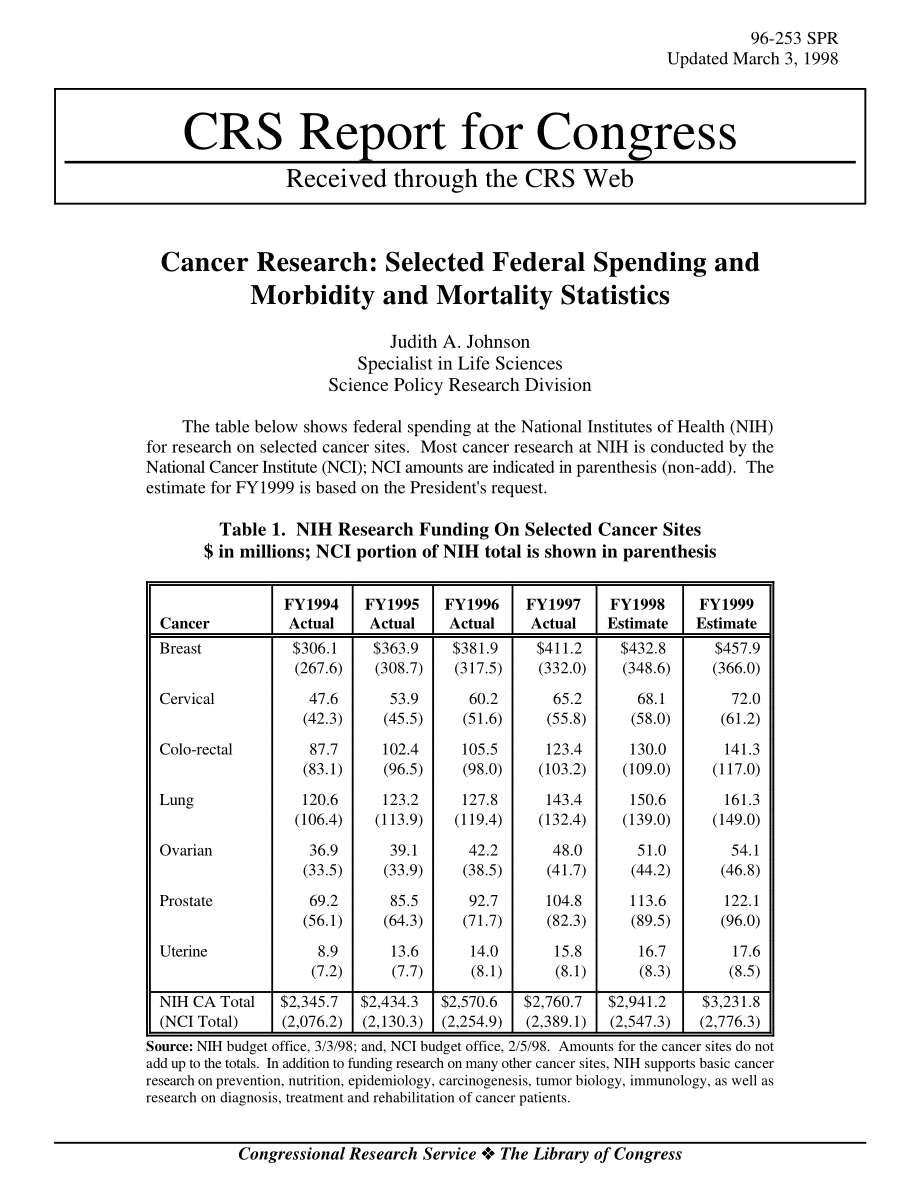 [19980303]96-253SPR_癌症研究：选定的联邦支出、发病率和死亡率统计数据.pdf_第1页