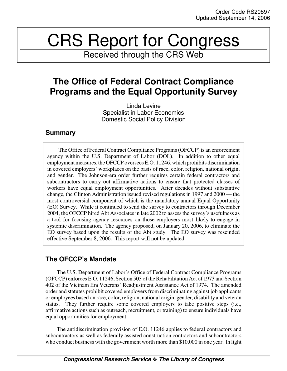 [20060914]RS20897_联邦合同合规计划办公室和平等机会调查.pdf_第1页