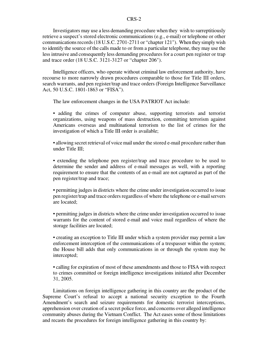 [20011026]RS21051_恐怖主义立法：2001年《美国爱国者法案》通过提供拦截和阻止恐怖主义所需的适当工具团结和加强美国.pdf_第2页