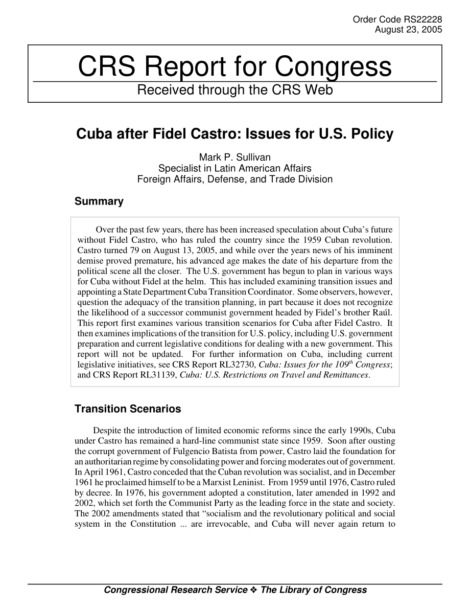 [20050823]RS22228_菲德尔·卡斯特罗之后的古巴：美国政策问题.pdf_第1页