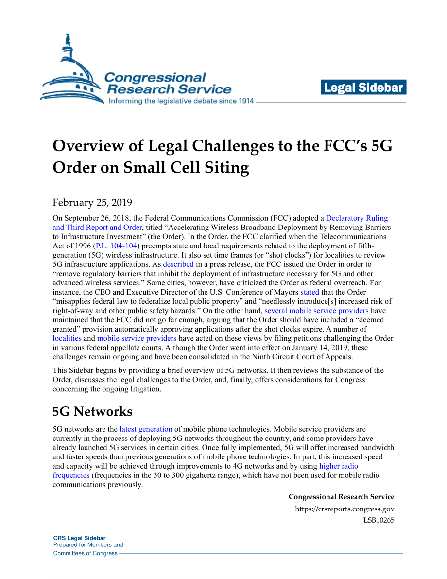 [20190225]LSB10265_FCC 5G订单在小蜂窝选址方面面临的法律挑战概述.pdf_第1页