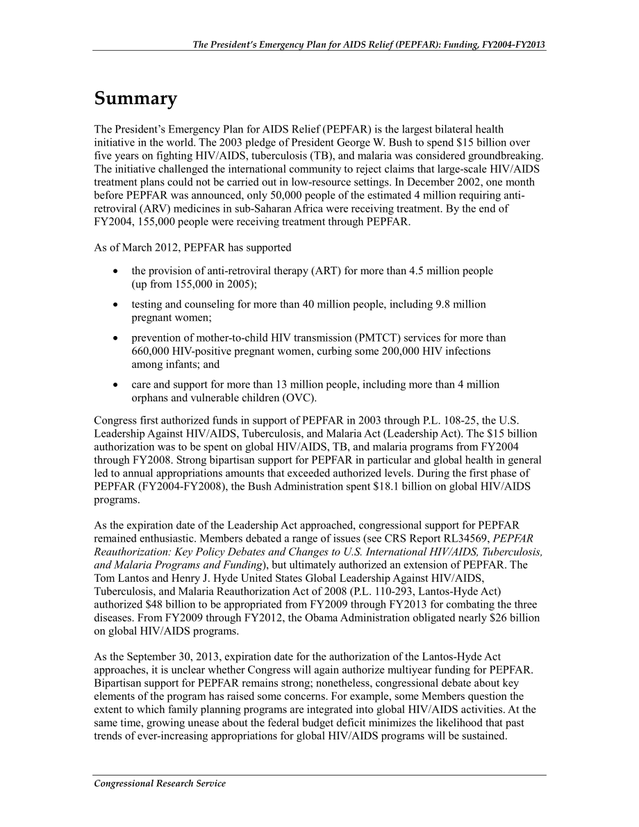 [20121010]R42776_总统艾滋病紧急救援计划（PEPFAR）：2004-2013财年实施十年后的资金问题.pdf_第2页