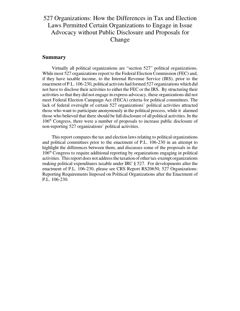 [20000907]RL30582_527个组织：税法和选举法的差异如何允许某些组织在没有公开披露和变更建议的情况下进行议题宣传.pdf_第2页
