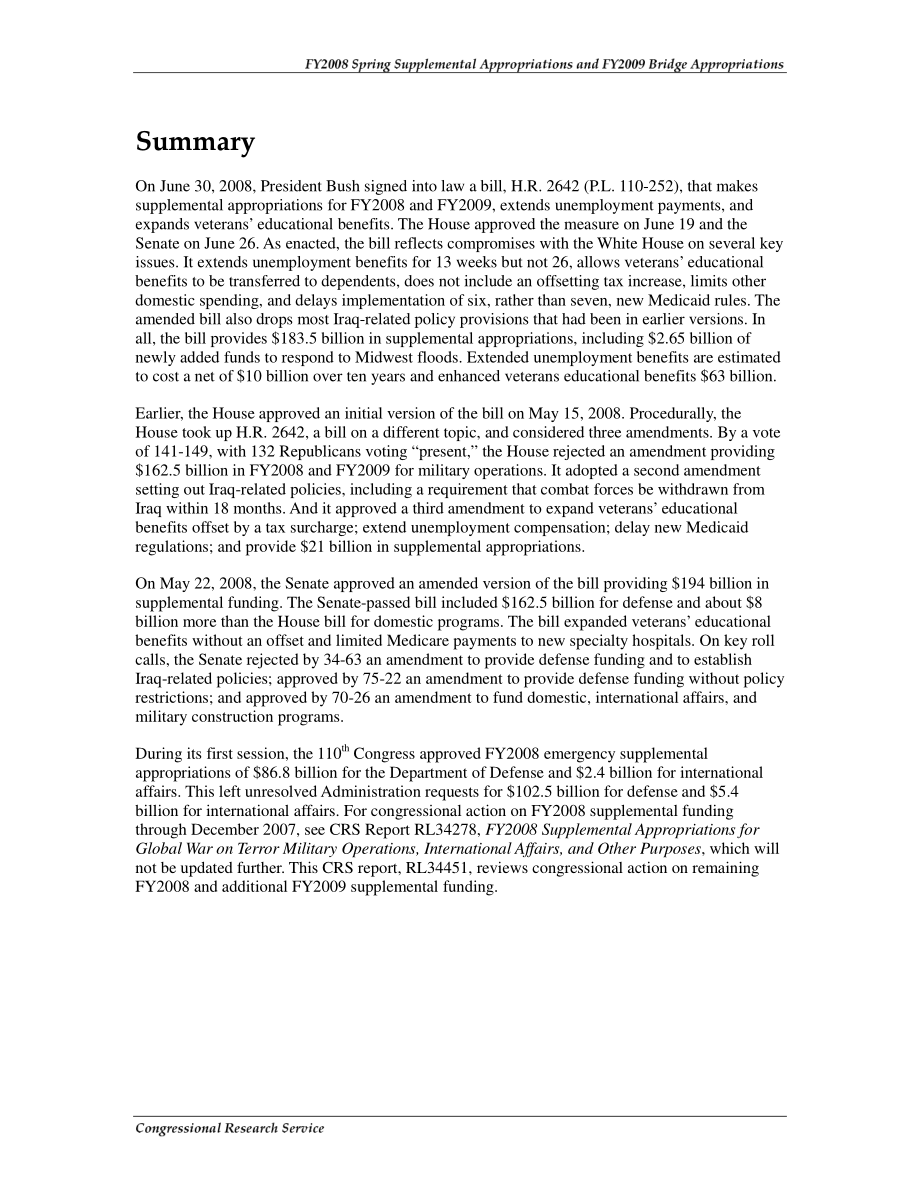 [20080715]RL34451_2008财年春季补充拨款和2009财年军事行动、国际事务和其他用途桥梁拨款（P.L110-252).pdf_第2页