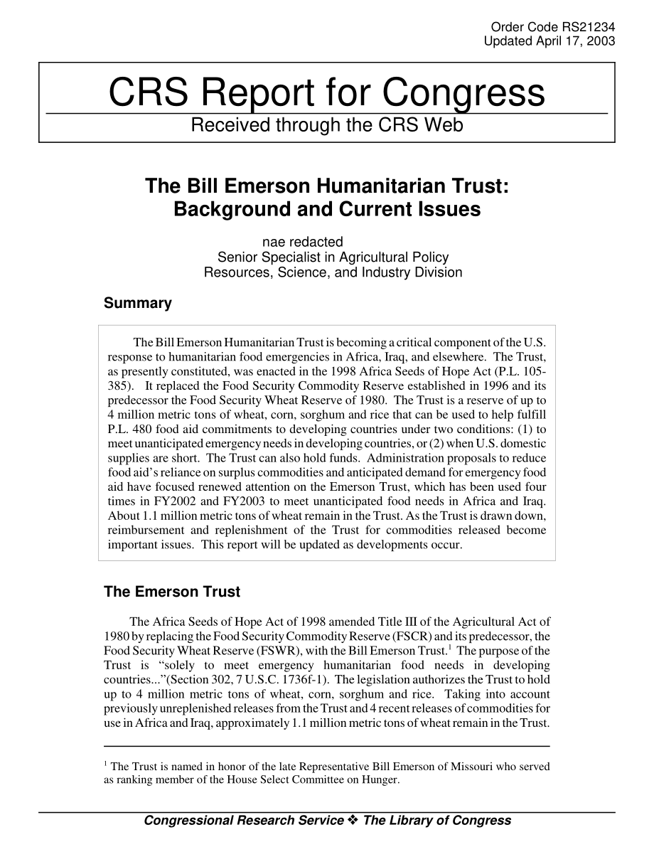 [20030417]RS21234_艾默生人道主义信托基金：背景和当前问题.pdf_第1页
