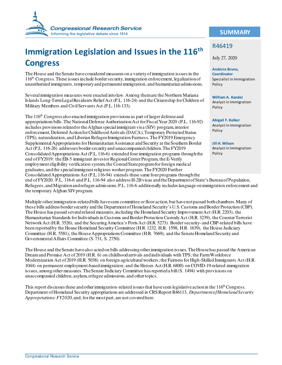 [20200727]R46419_第116届国会移民立法和议题.pdf_第2页