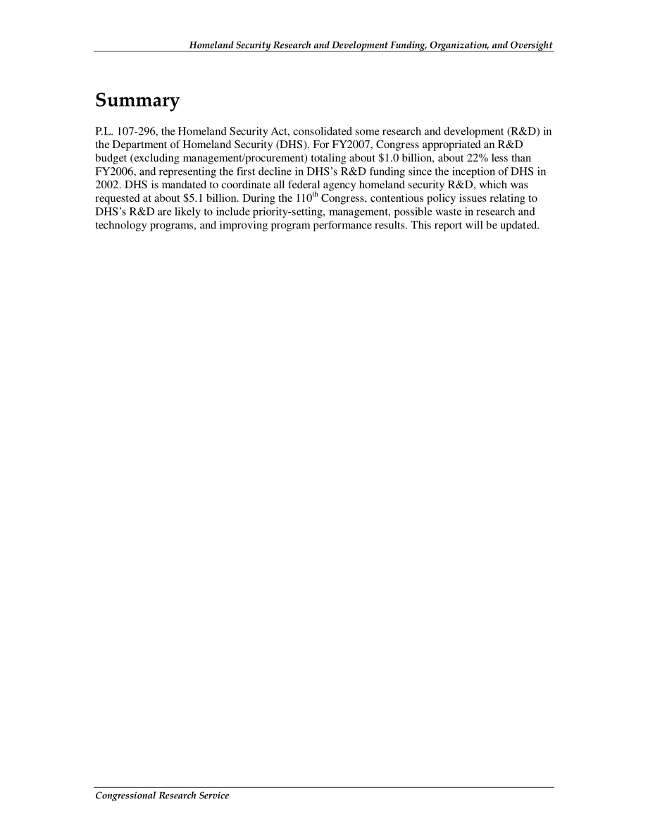 [20061229]RS21270_国土安全研发资金、组织和监督.pdf_第2页
