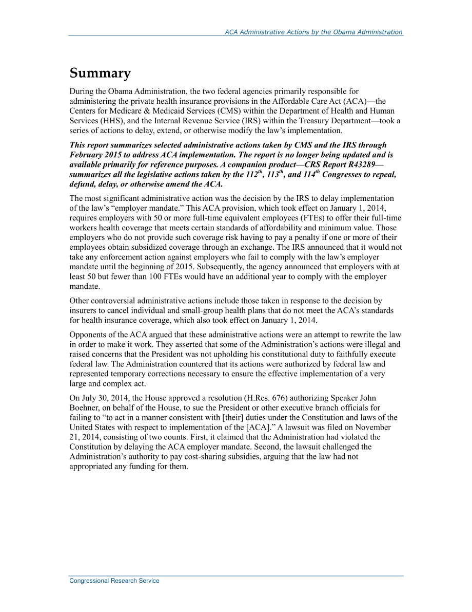 [20170405]R43474_实施平价医疗法案：奥巴马政府采取的延误、延期和其他行政行动.pdf_第2页