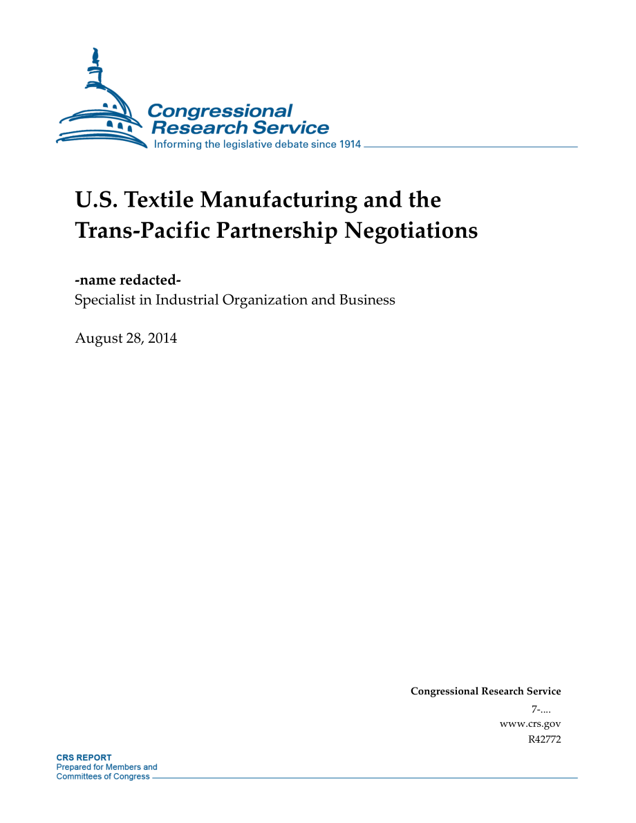 [20140828]R42772_美国纺织制造业和跨太平洋伙伴关系谈判.pdf_第1页