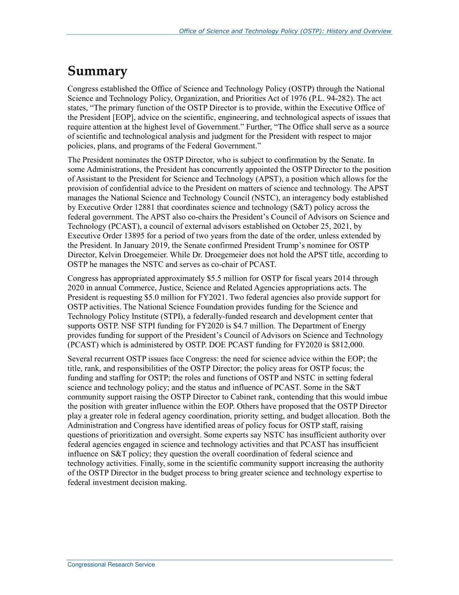 [20200303]R43935_科技政策办公室（OSTP）：历史和概述.pdf_第2页