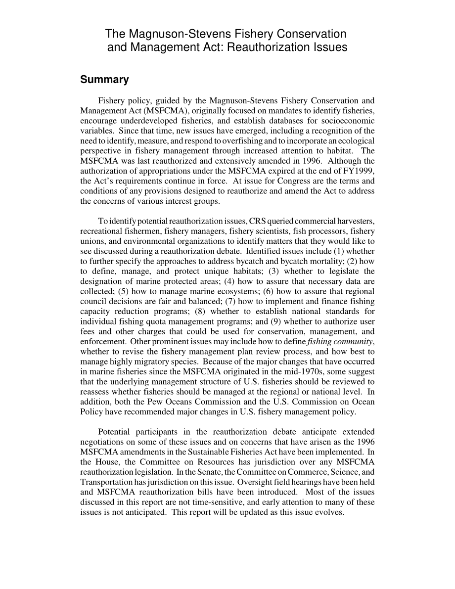 [20050207]RL30215_马格努森-史蒂文斯渔业保护和管理法案：重新授权问题.pdf_第2页
