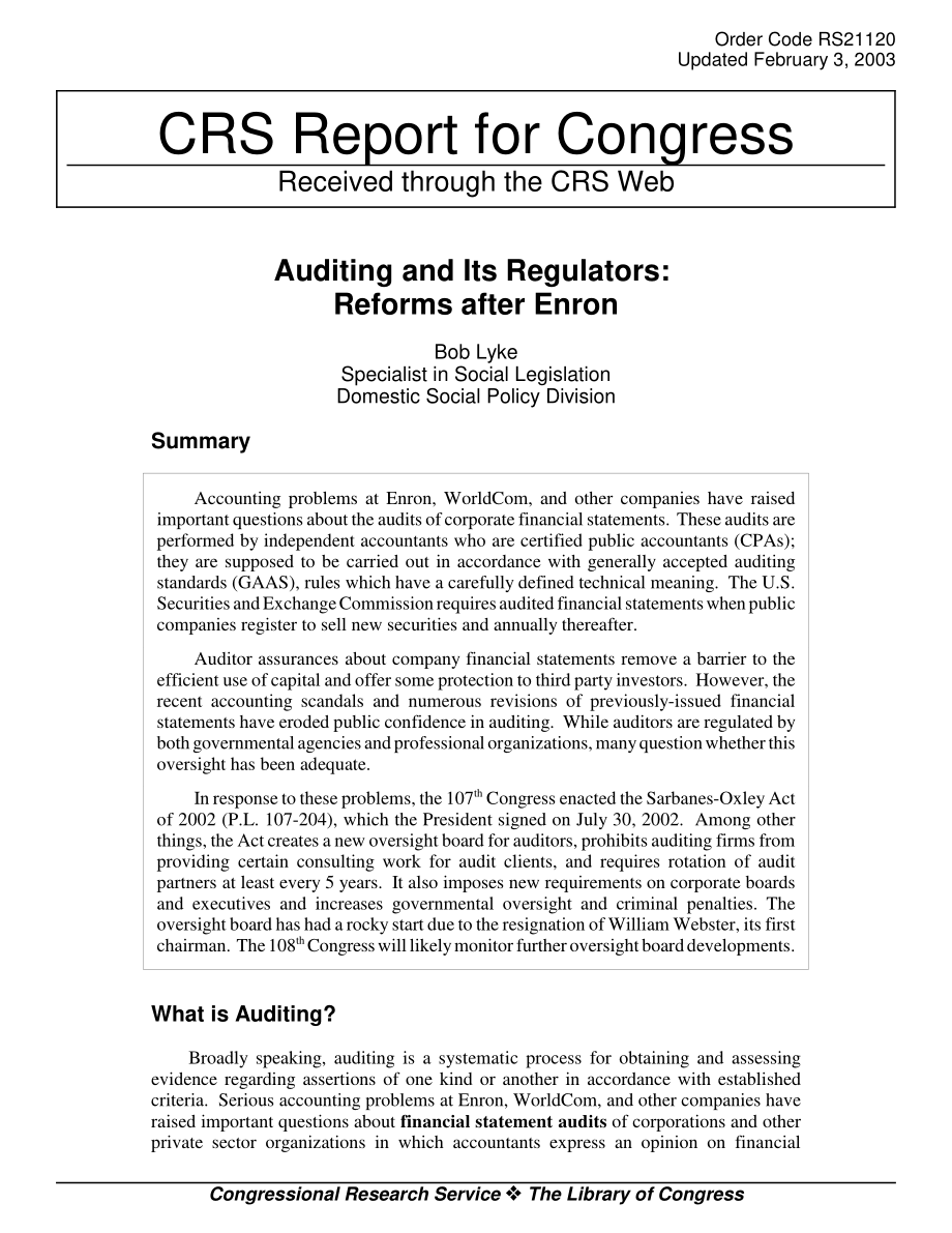 [20030203]RS21120_审计及其监管机构：安然之后的改革.pdf_第1页