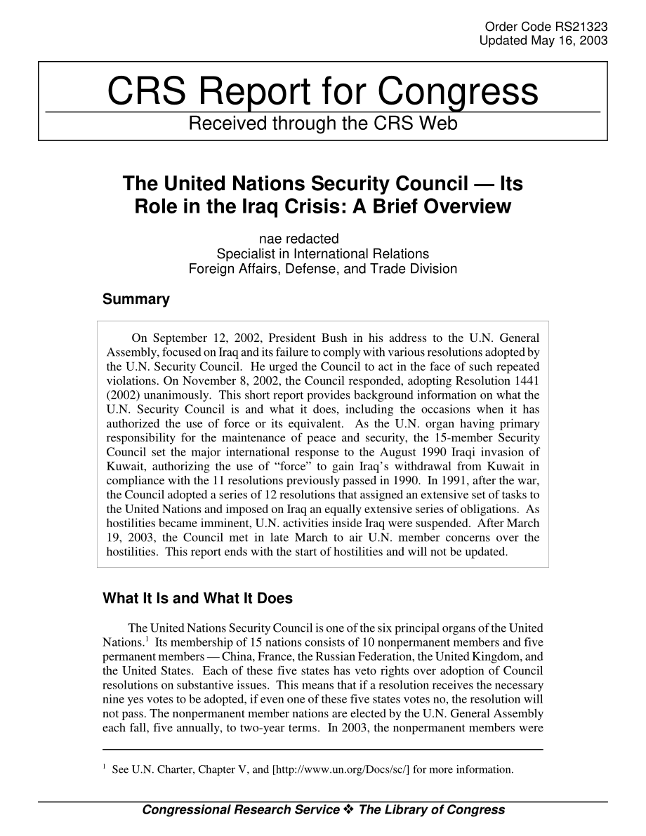 [20030516]RS21323_联合国安全理事会——其在伊拉克危机中的作用：简要概述.pdf_第1页