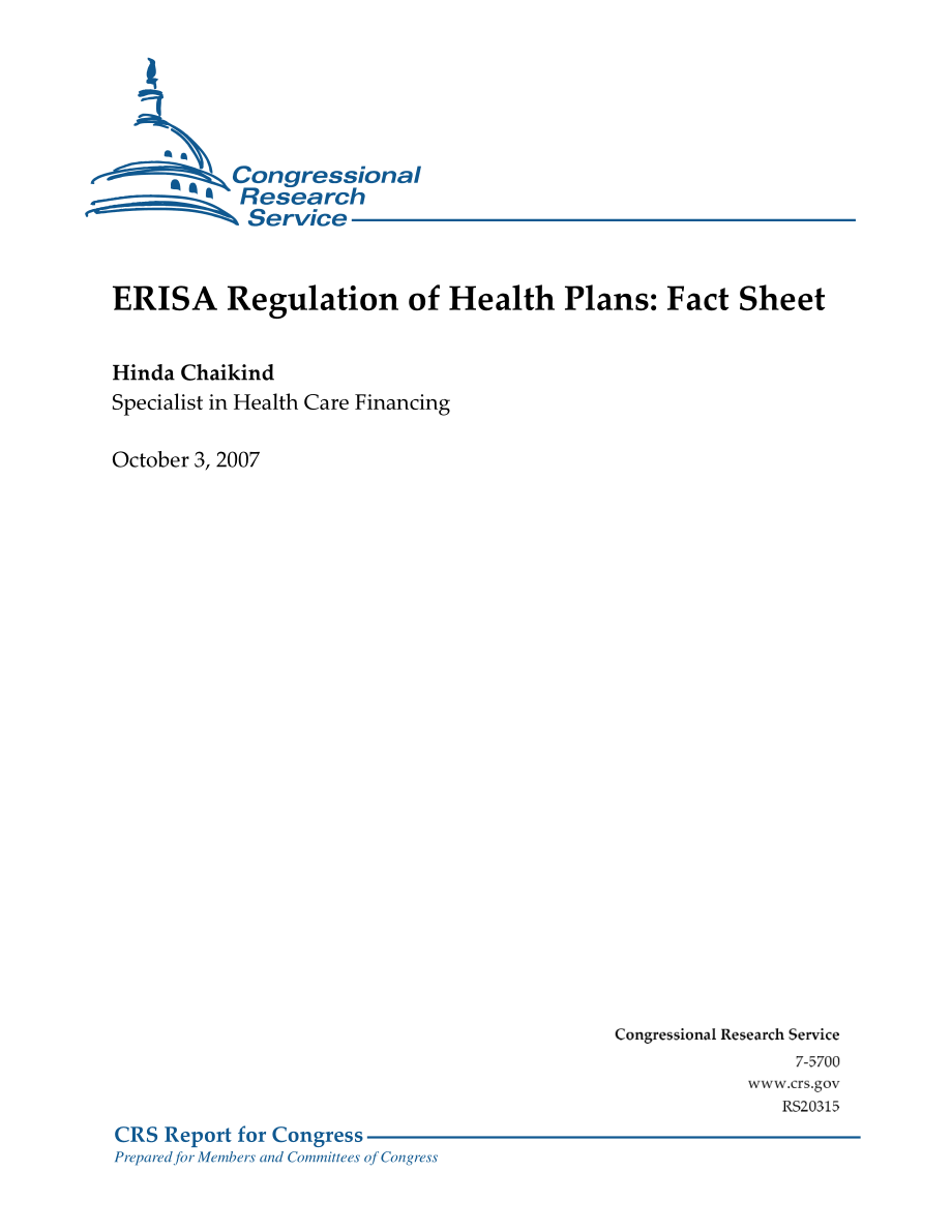 [20071003]RS20315_ERISA健康计划监管：情况说明书.pdf_第1页