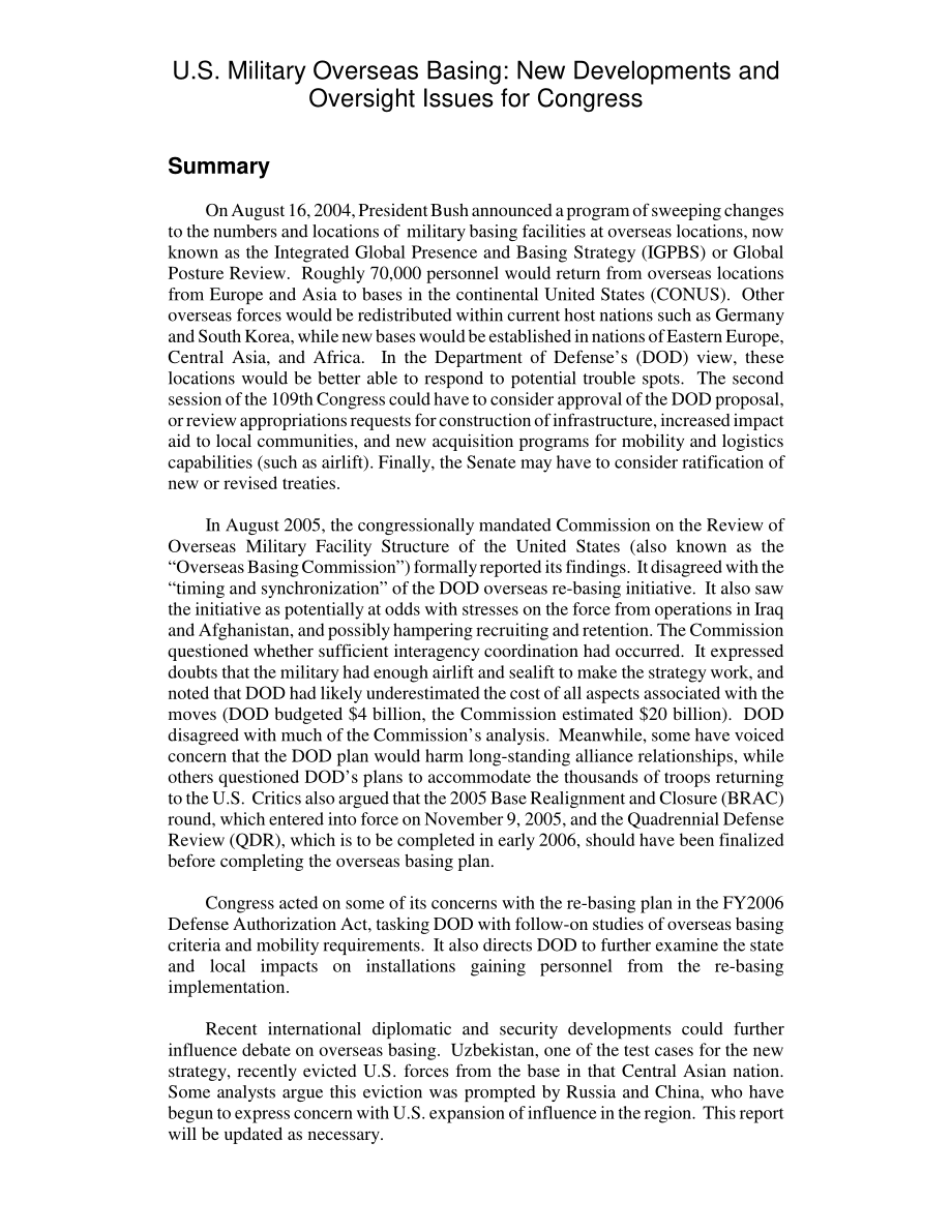 [20060126]RL33148_美国海外军事基地：国会的新发展和监督问题.pdf_第2页