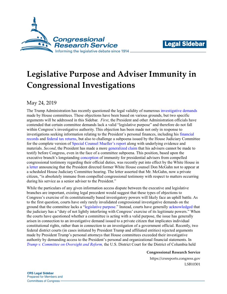 [20190524]LSB10301_国会调查中的立法目的与顾问豁免权 .pdf_第1页