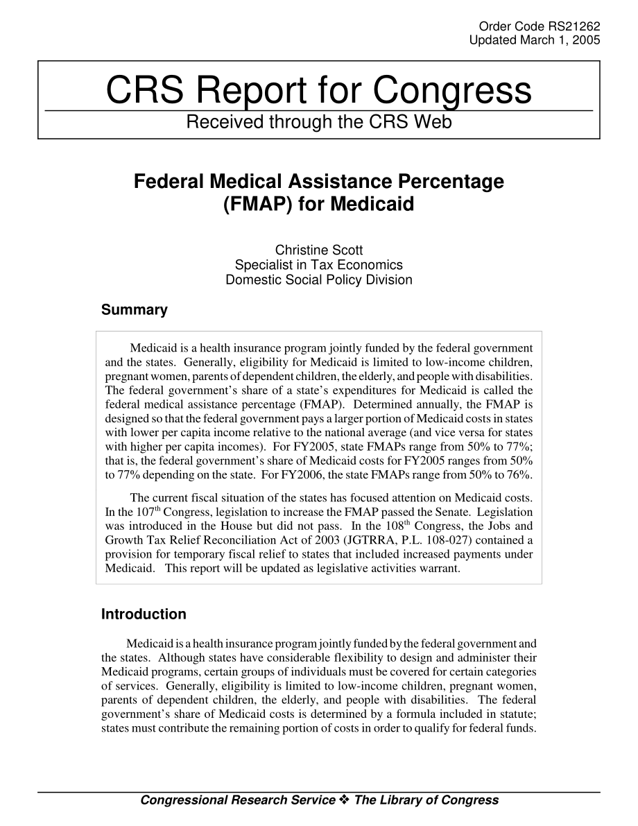 [20050301]RS21262_Medicaid的联邦医疗援助百分比（FMAP）.pdf_第1页