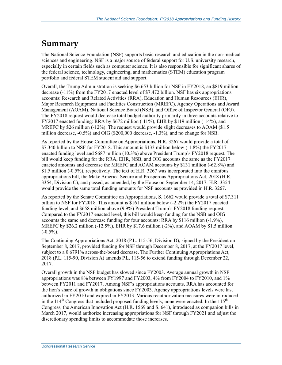 [20171218]R45009_国家科学基金会：2018财年拨款和融资历史.pdf_第2页