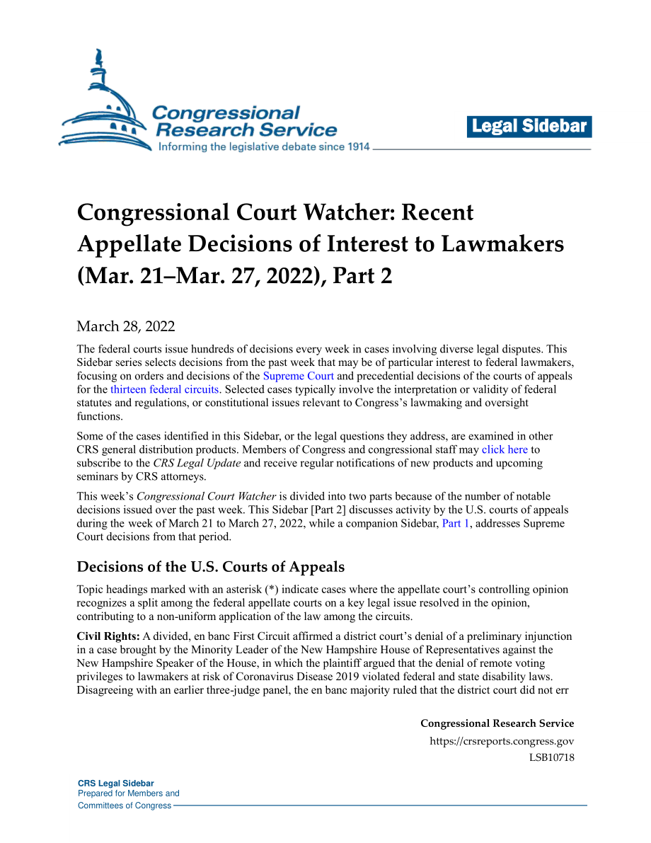 [20220328]LSB10718_国会法院观察员：立法者感兴趣的近期上诉裁决（2022年3月21日至27日）第2部分.pdf_第1页
