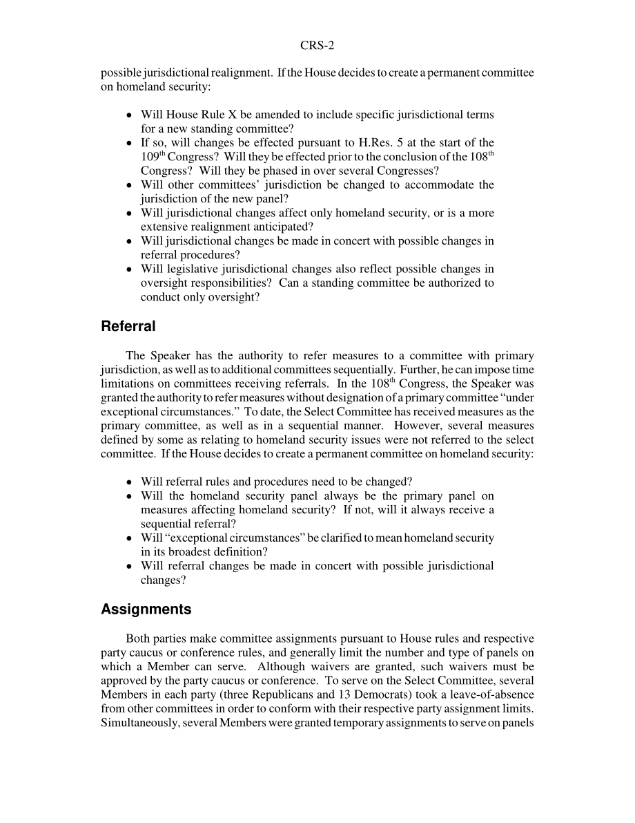 [20040805]RS21901_众议院国土安全特别委员会：如果将专家组改组为常设委员会可能会提出的问题.pdf_第2页