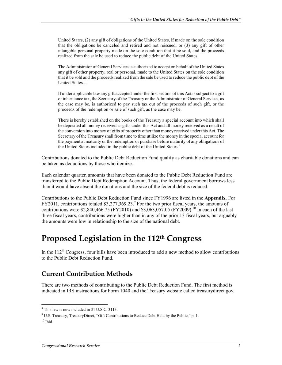 [20111116]R42088_“向美国捐赠以减少公共债务”基金：现行法律和拟议立法.pdf_第3页
