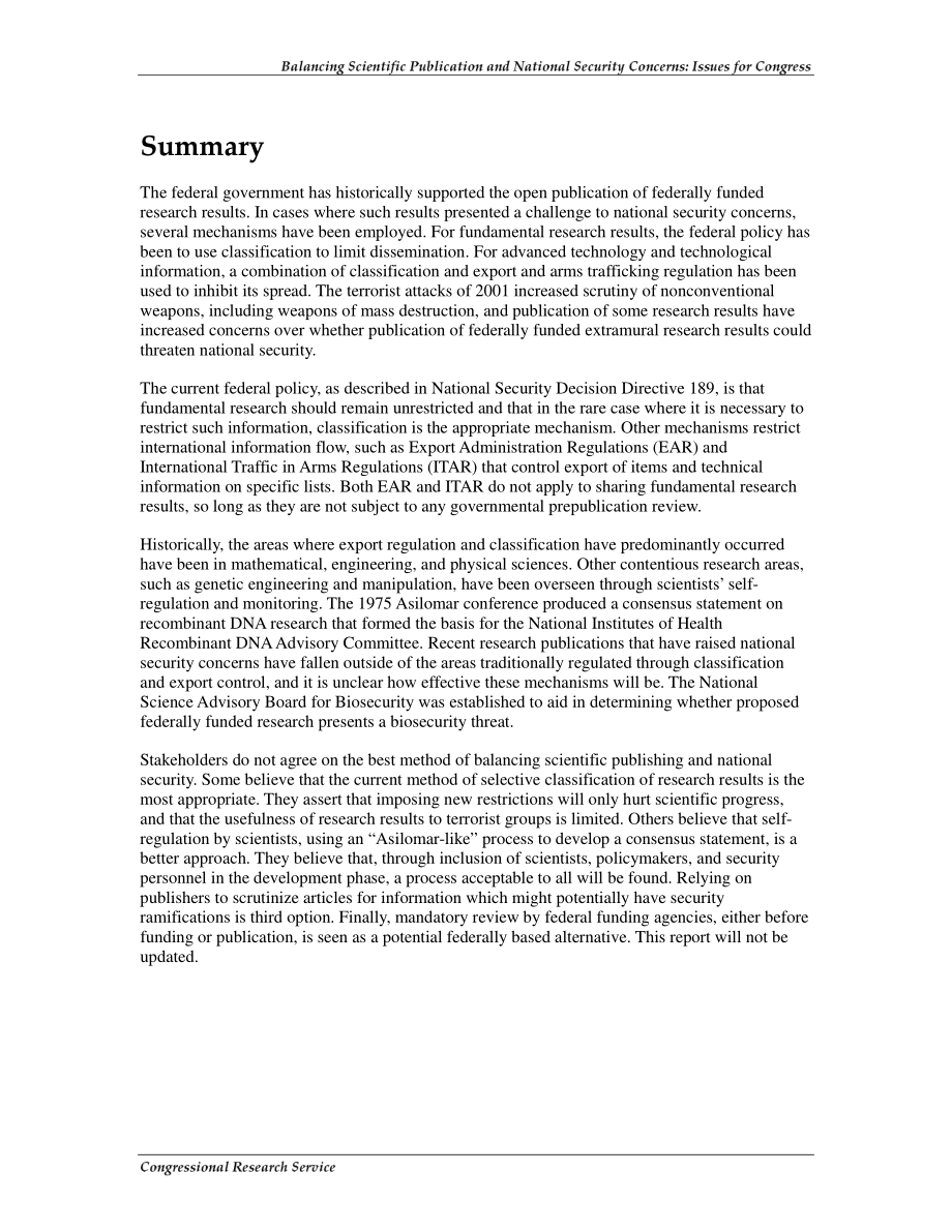 [20061113]RL31695_平衡科学出版和国家安全问题：国会议题.pdf_第2页