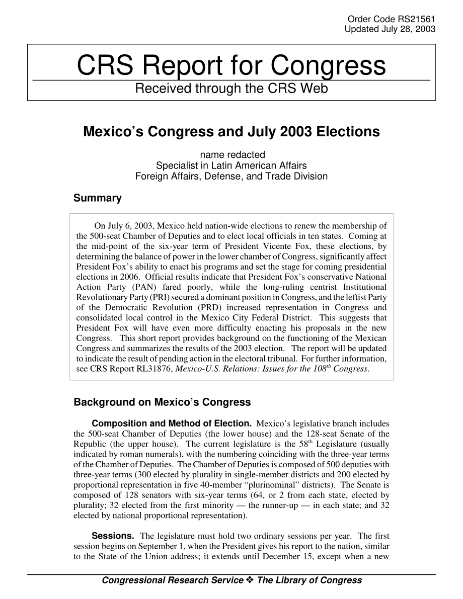 [20030728]RS21561_墨西哥国会和2003年7月的选举.pdf_第1页