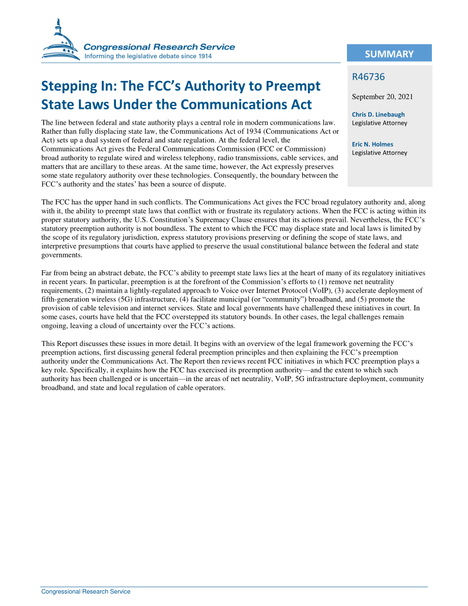 [20210920]R46736_介入：FCC根据《通信法》优先于州法律的权力.pdf_第2页