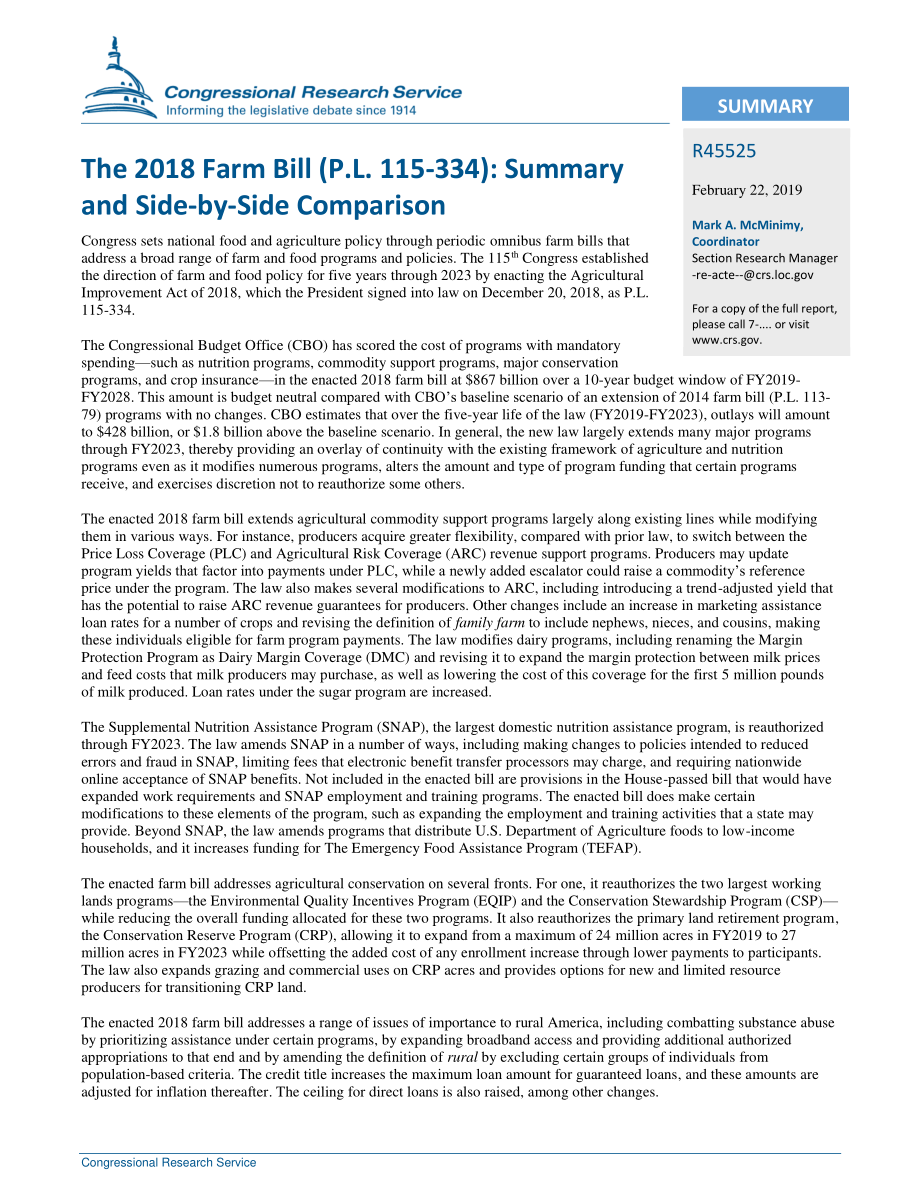 [20190222]R45525_2018年农业法案（P.L.115-334) 总结和并列比较.pdf_第2页
