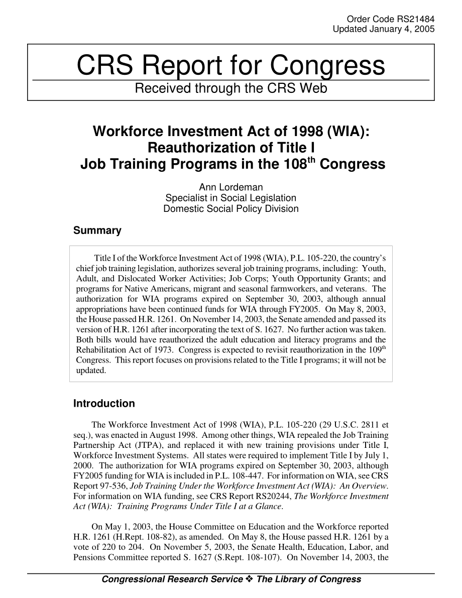 [20050104]RS21484_1998年劳动力投资法（WIA）：第108届国会第一篇职业培训计划的重新授权.pdf_第1页