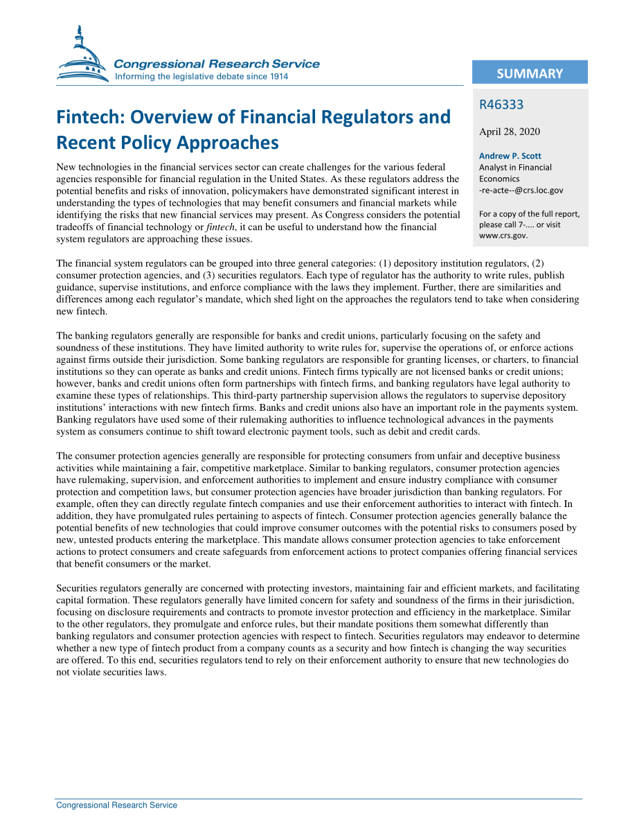 [20200428]R46333_Fintech：金融监管机构和近期政策方法概述.pdf_第2页