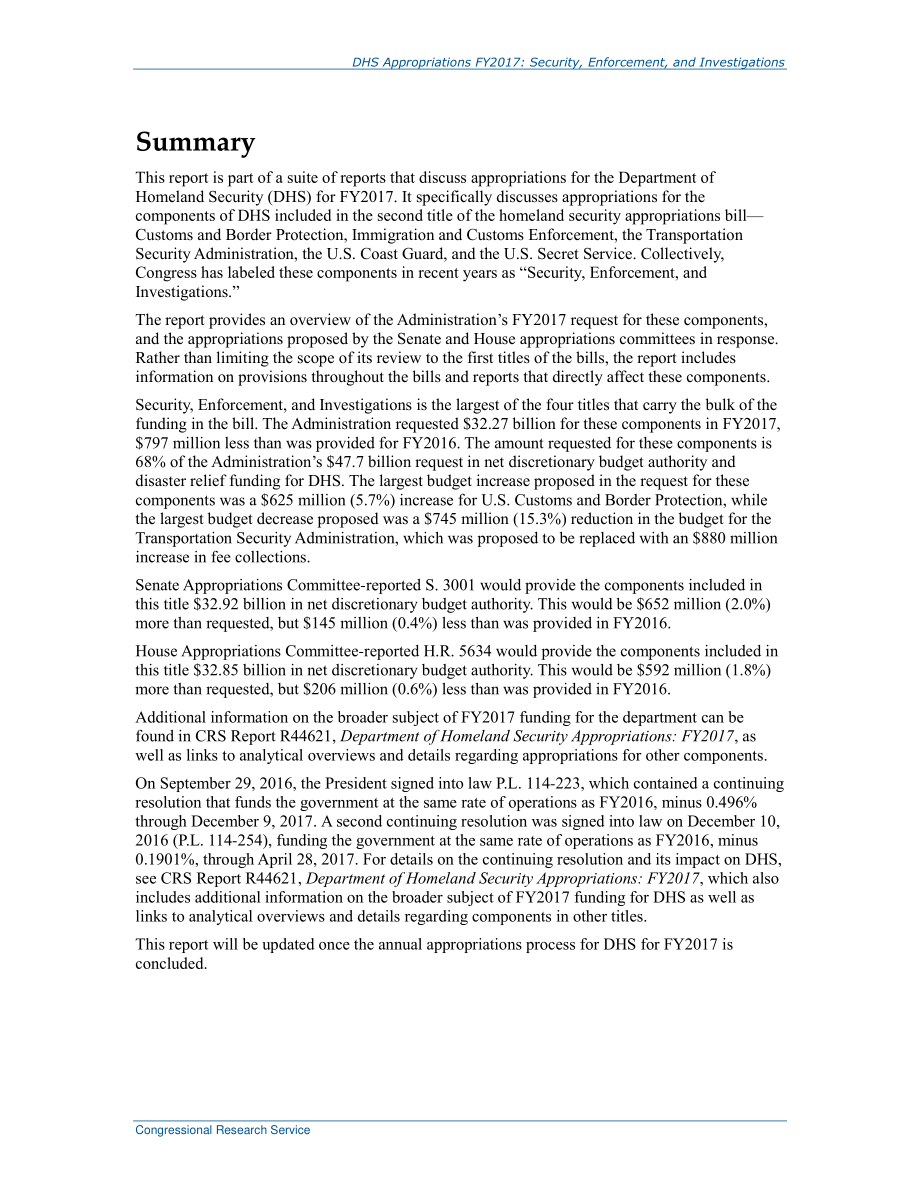 [20161220]R44666_2017财年DHS拨款：安全、执法和调查.pdf_第2页