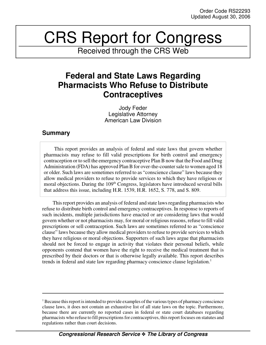 [20060830]RS22293_关于拒绝分发避孕药具的药剂师的联邦和州法律.pdf_第1页