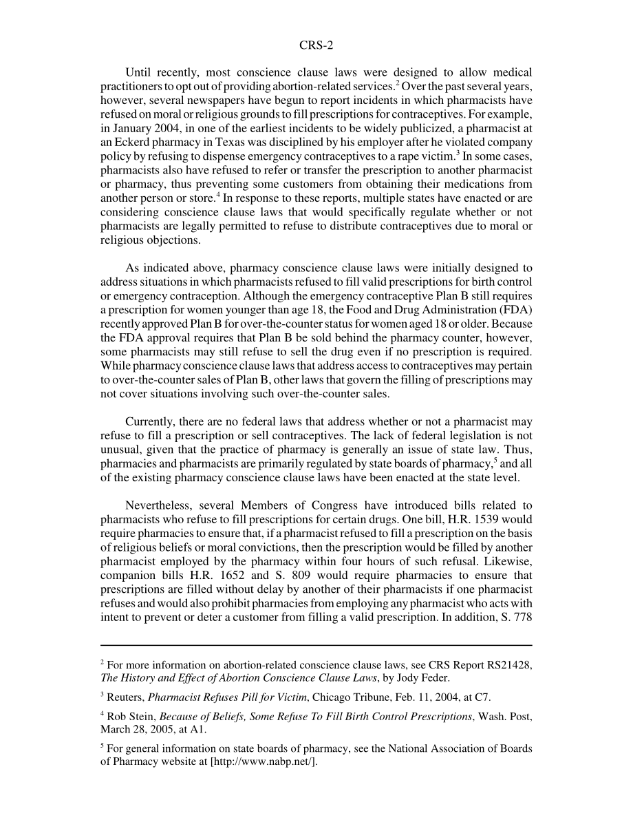 [20060830]RS22293_关于拒绝分发避孕药具的药剂师的联邦和州法律.pdf_第2页