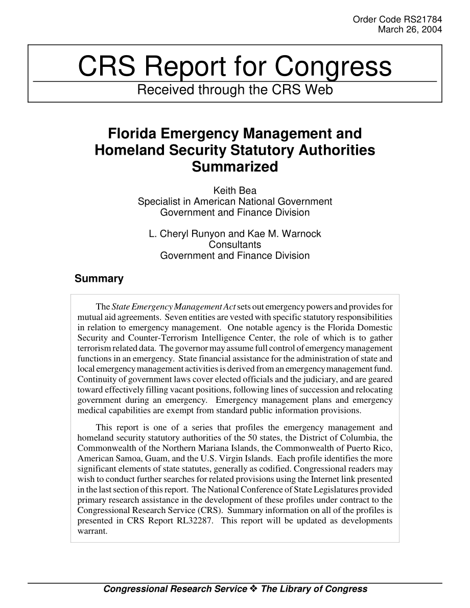 [20040326]RS21784_佛罗里达州应急管理和国土安全法定机构总结.pdf_第1页