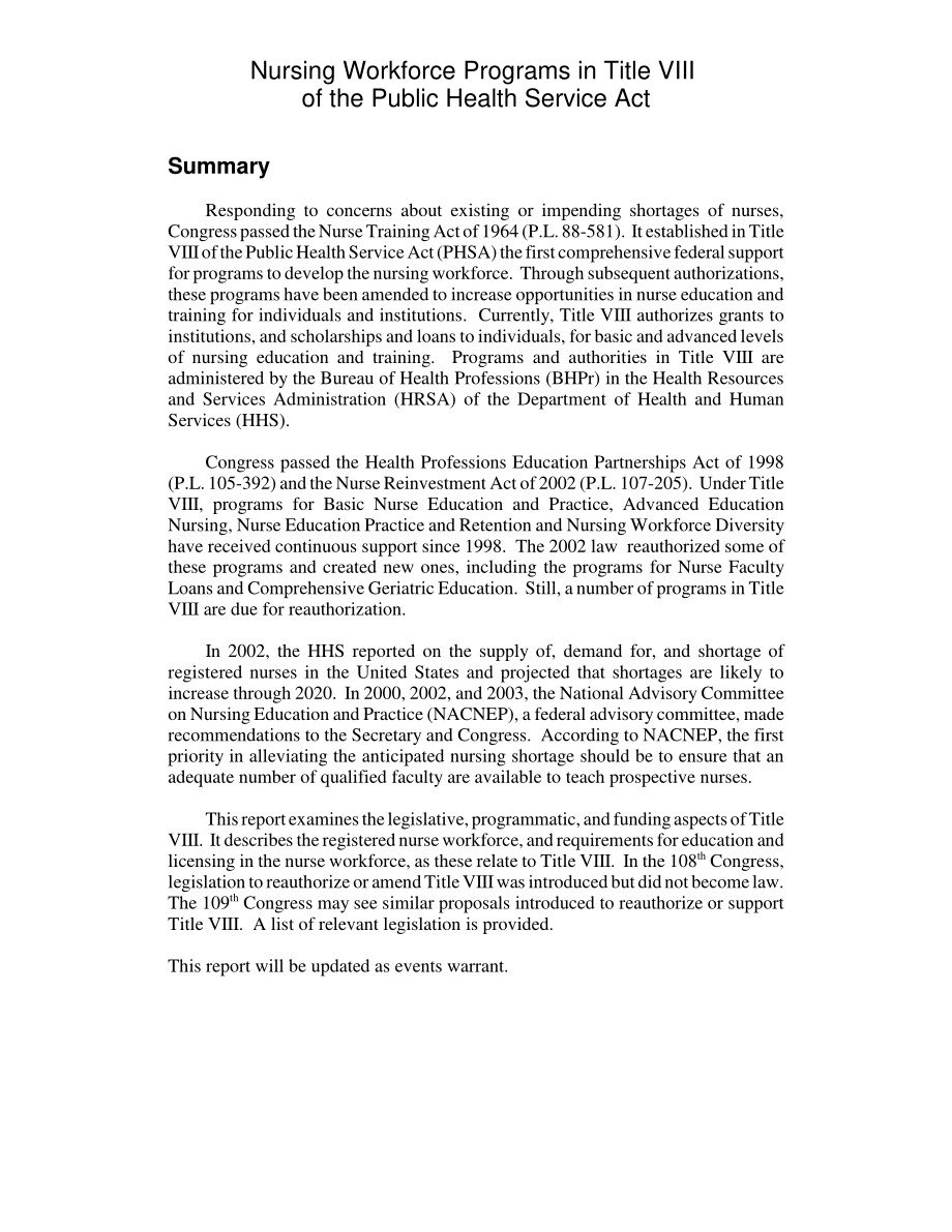 [20050310]RL32805_《公共卫生服务法》第八篇中的护理劳动力计划.pdf_第2页