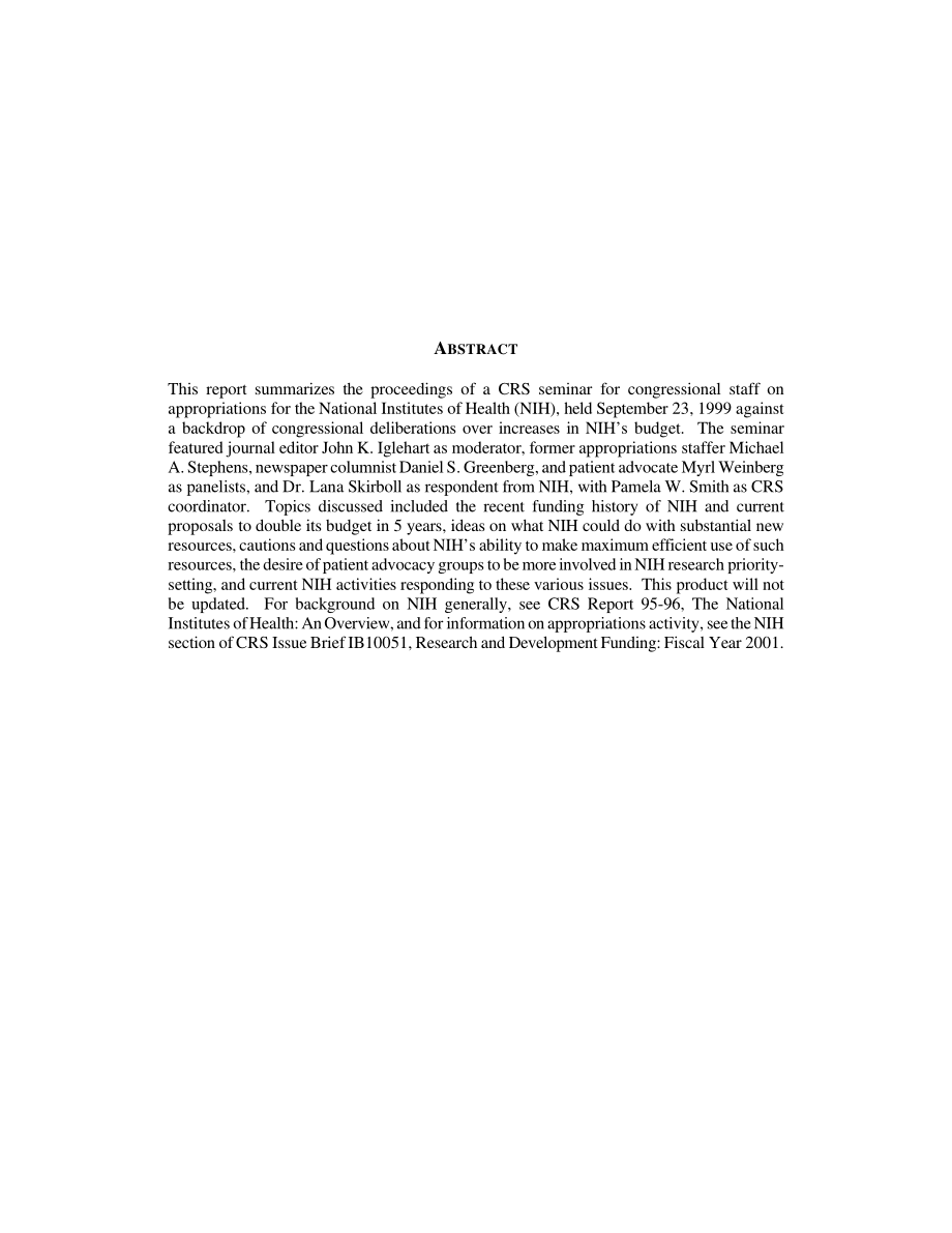[20000315]RL30483_医学研究经费：关于国家卫生研究院拟议大幅增长的挑战和机遇的CRS研讨会摘要.pdf_第2页