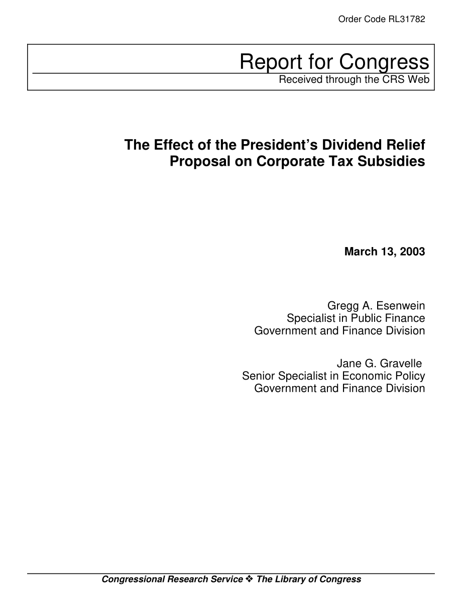 [20030313]RL31782_总统股息减免提案对公司税收补贴的影响.pdf_第1页