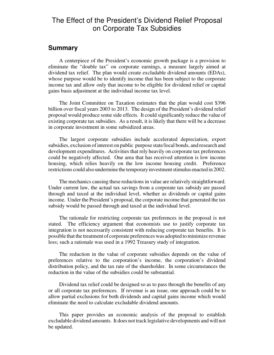 [20030313]RL31782_总统股息减免提案对公司税收补贴的影响.pdf_第2页