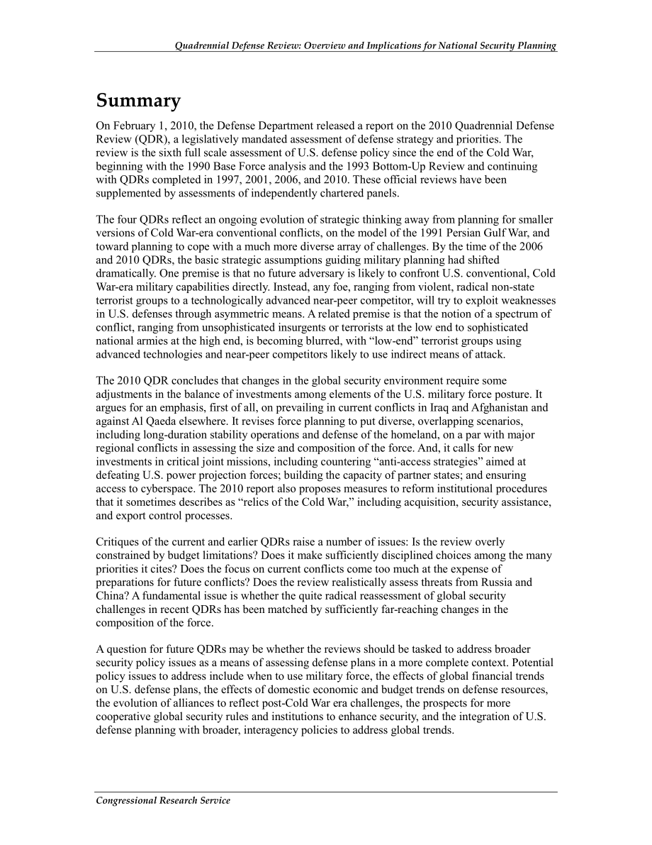 [20100517]R41250_2010年四年防务回顾：概述和对国家安全规划的影响.pdf_第2页
