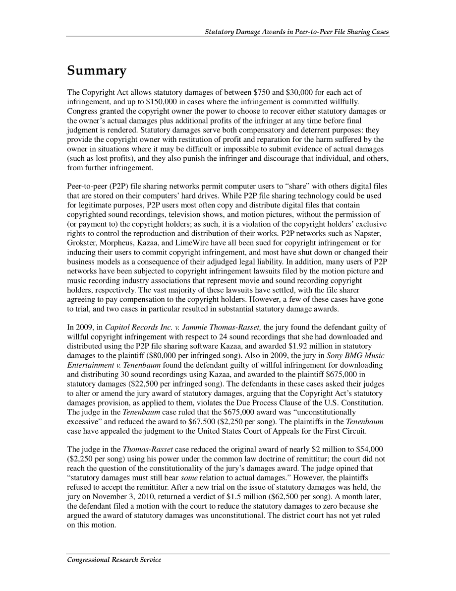 [20110107]R41415_涉及版权录音的对等文件共享案件中的法定损害赔偿金：最近的法律发展.pdf_第2页