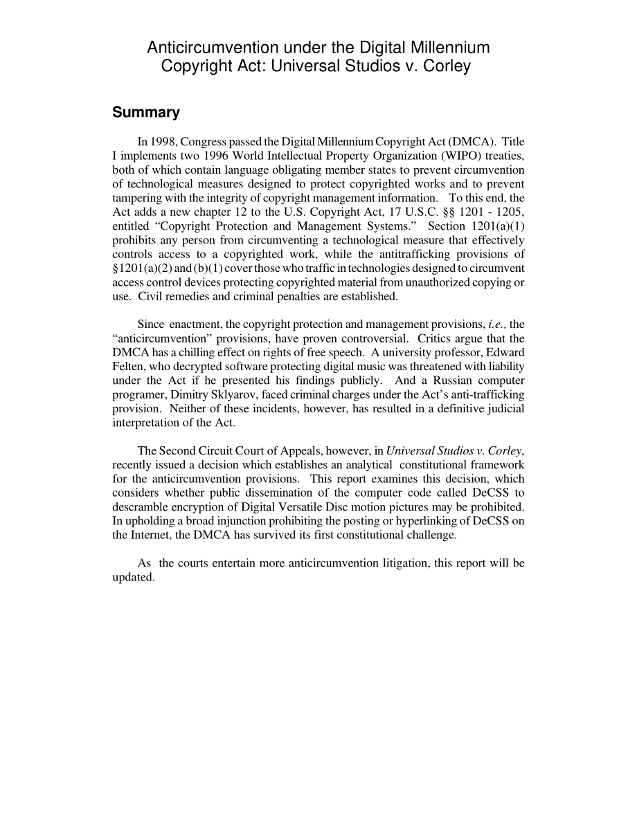 [20020123]RL31257_数字千年版权法案下的反循环：环球影城诉科利.pdf_第2页