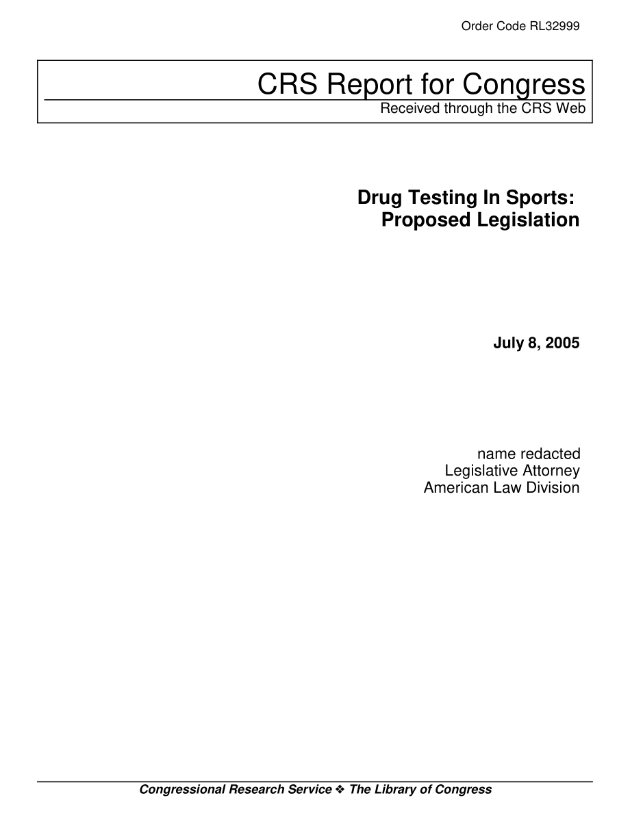 [20050708]RL32999_体育运动中的药物检测：拟议立法.pdf_第1页