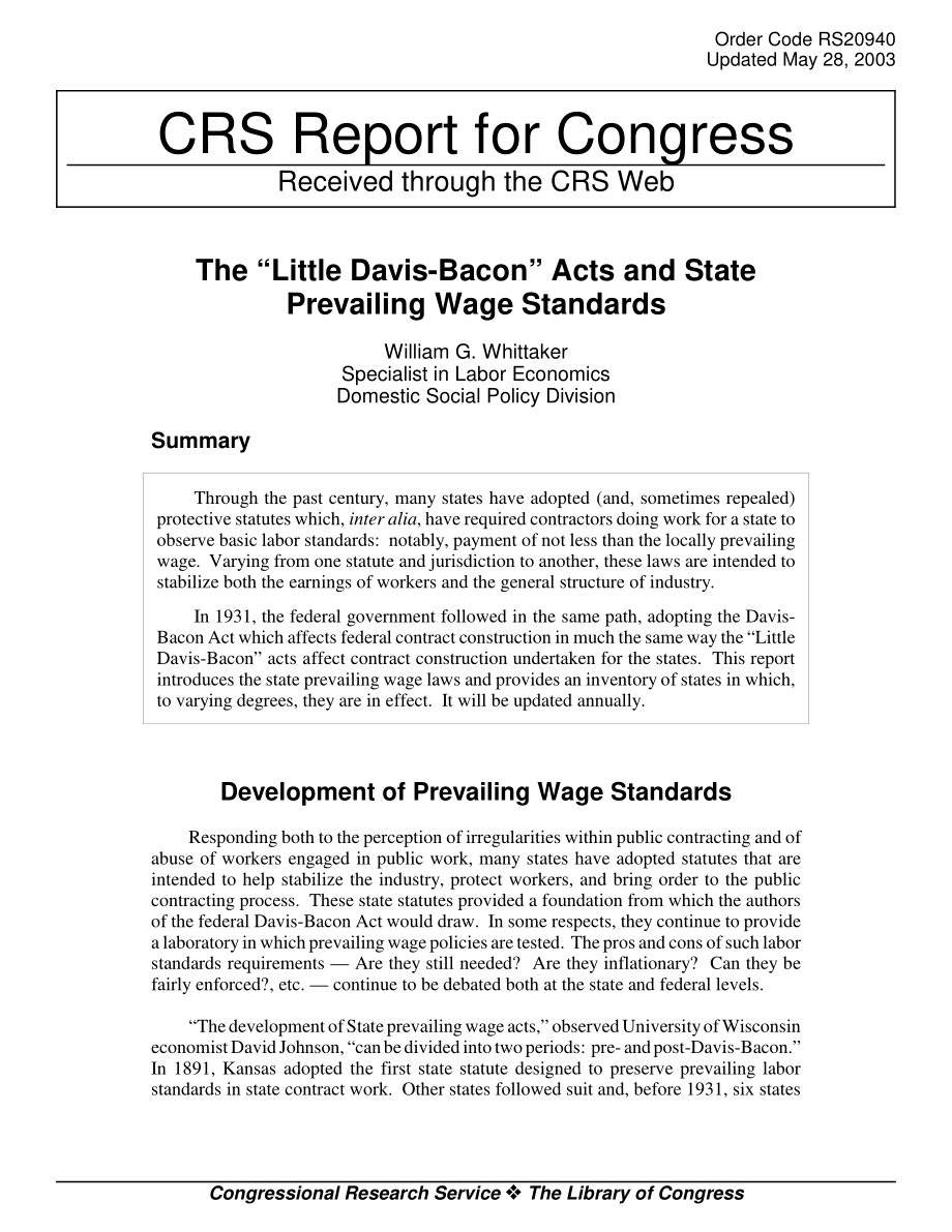 [20030528]RS20940_《小戴维斯-培根法案》和州现行工资标准.pdf_第1页