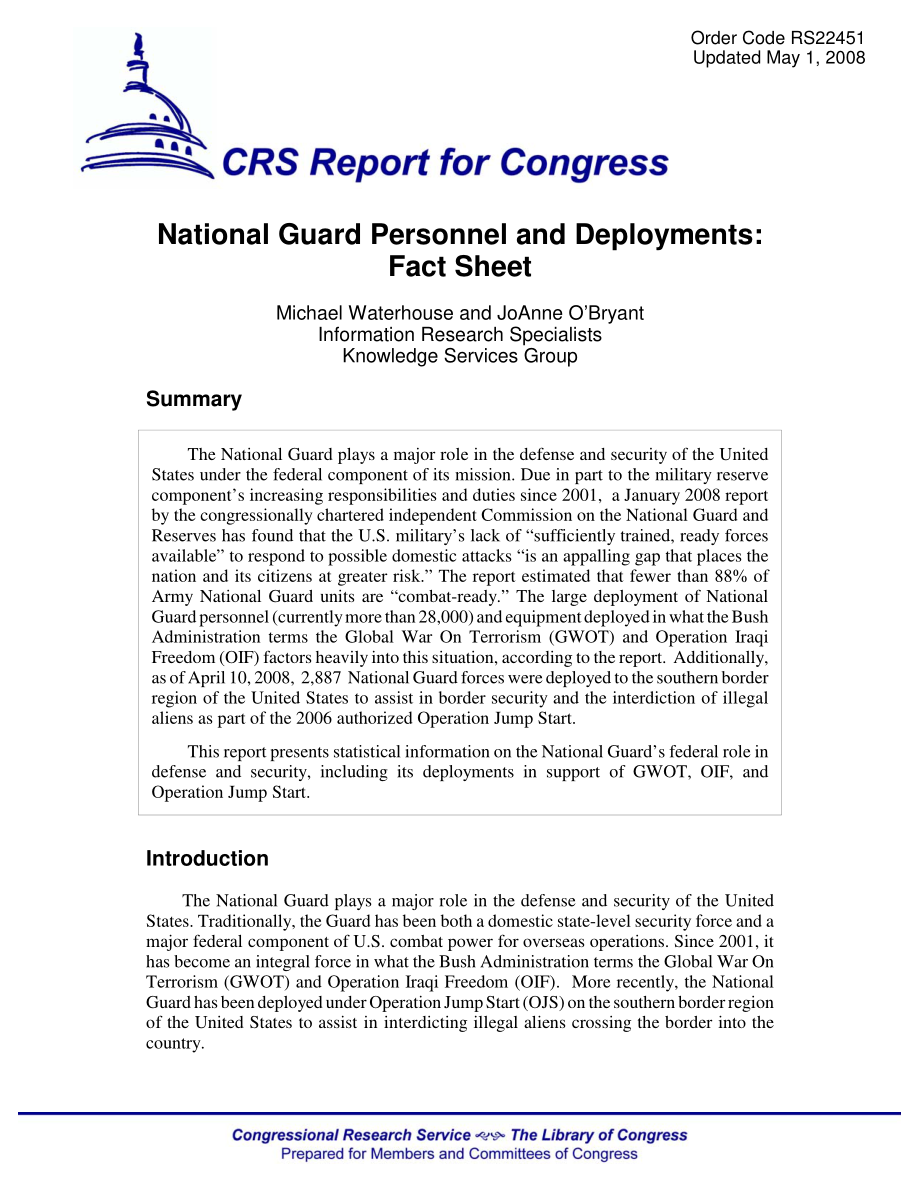 [20080501]RS22451_国民警卫队人员和部署：情况说明书.pdf_第1页
