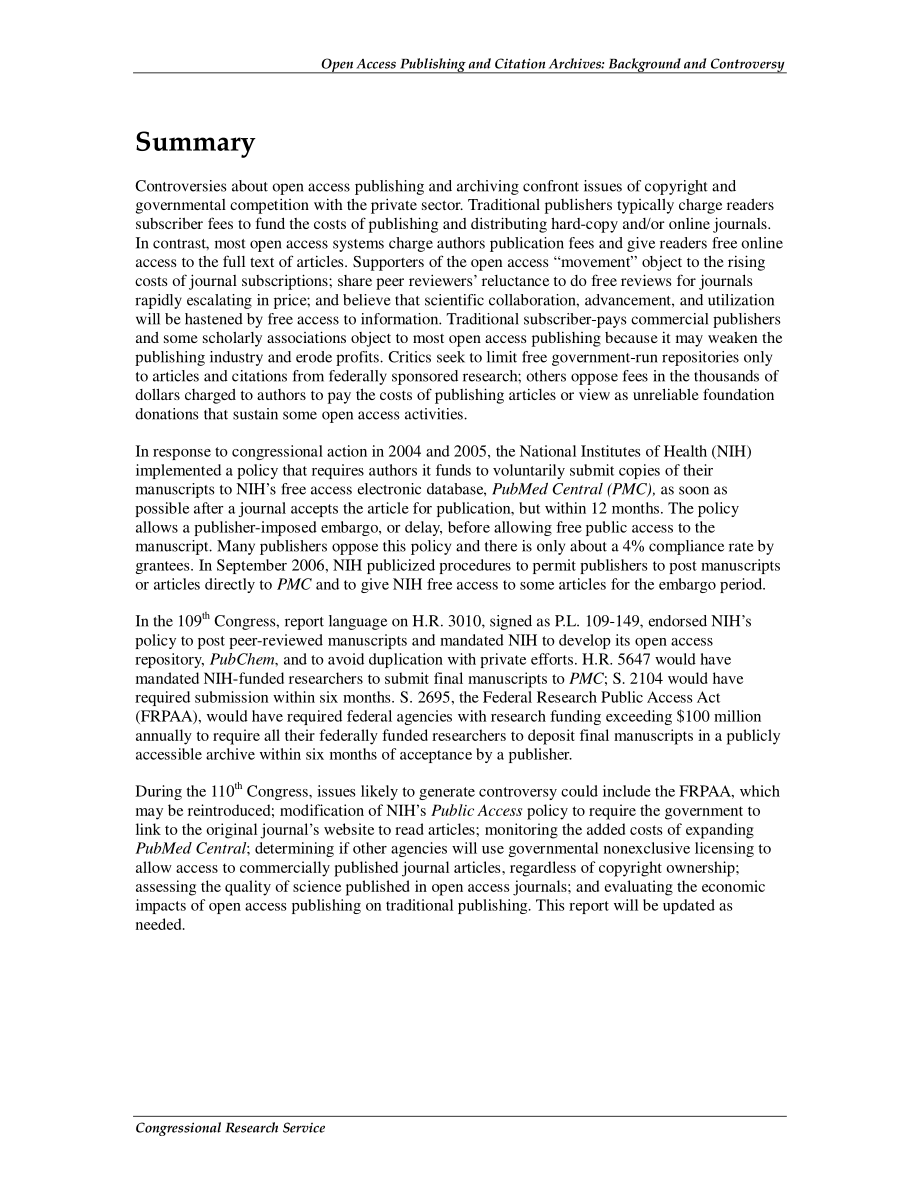 [20061212]RL33023_开放存取出版和引用档案：背景和争议.pdf_第2页