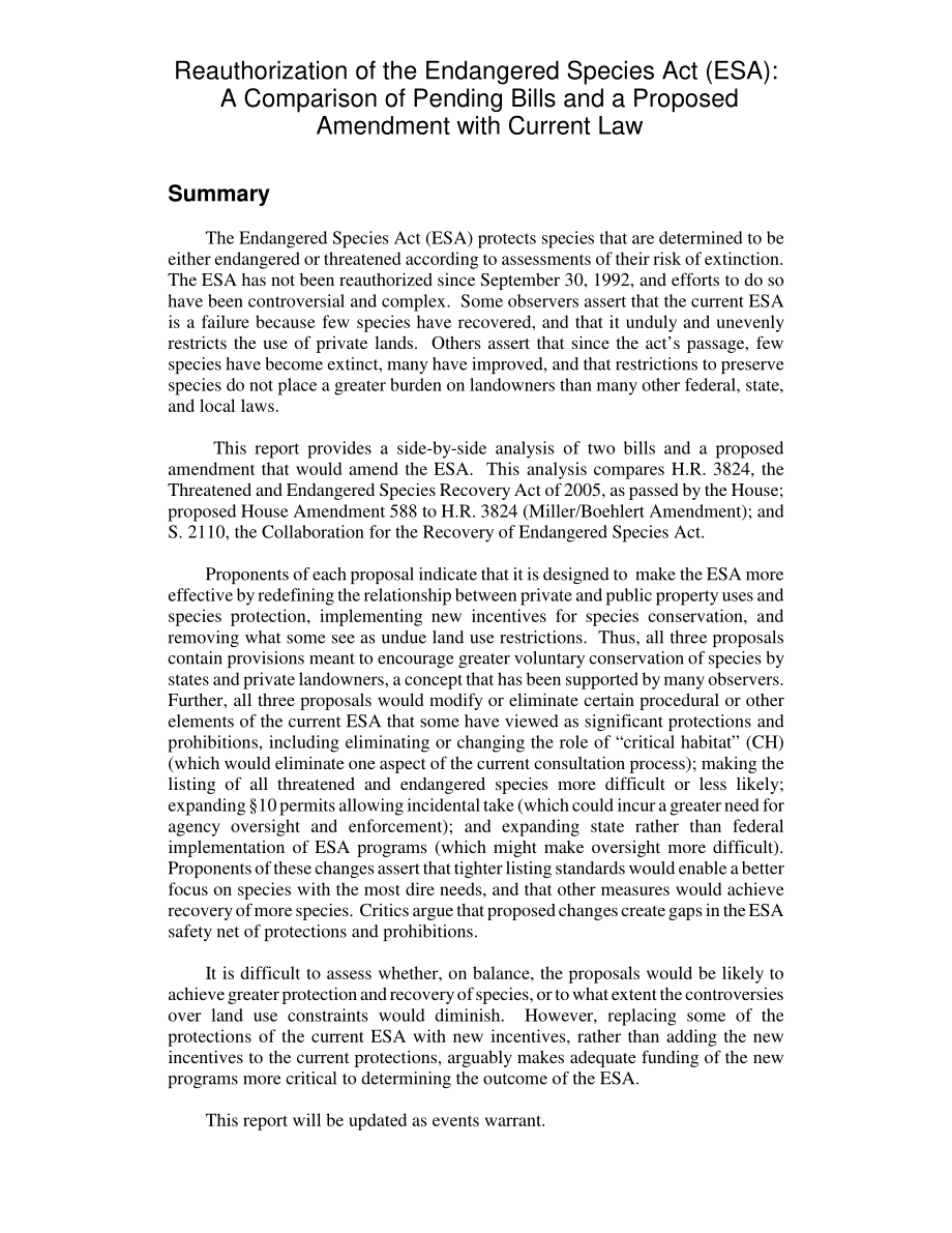 [20060313]RL33309_《濒危物种法》（ESA）的重新授权：待决法案和拟议修正案与现行法律的比较.pdf_第2页