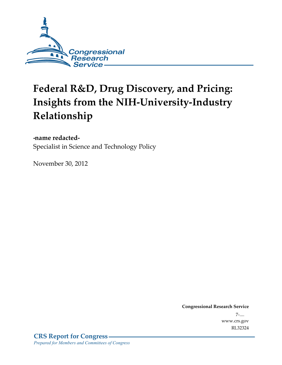 [20121130]RL32324_联邦研发、药物发现和定价：NIH大学与产业关系的启示.pdf_第1页
