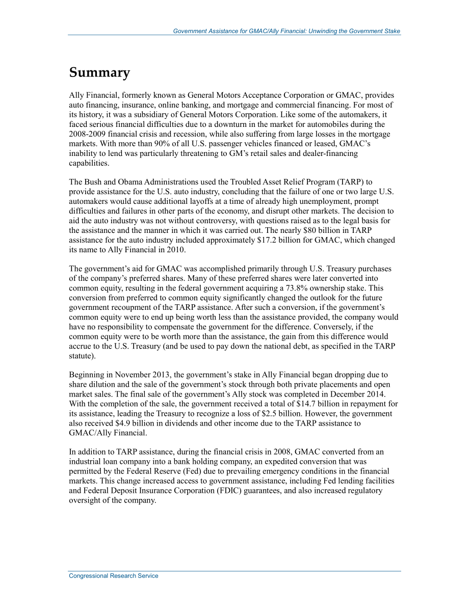 [20150126]R41846_政府对GMACAlly Financial的援助：解除政府股份.pdf_第2页