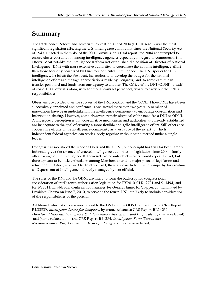 [20100622]R41295_五年后的情报改革：国家情报局局长的作用.pdf_第2页